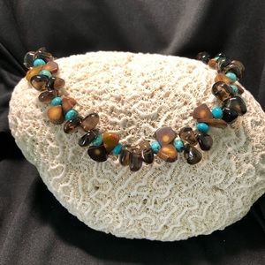 Handcrafted Turquoise, smoky quartz, and brown coral necklace